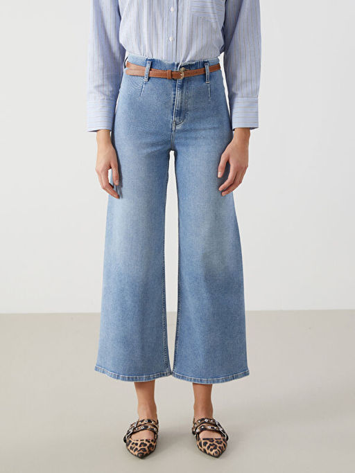 Beli Kemerli Wideleg Kad?n Jean Pantolon