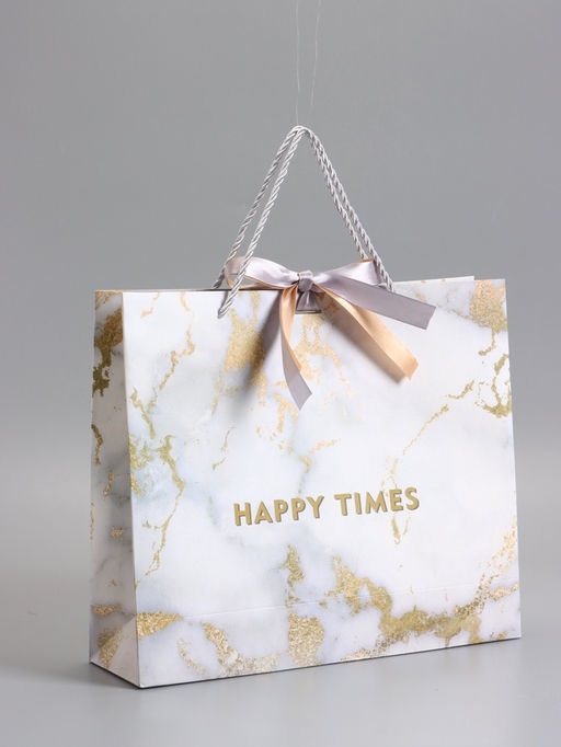 Пакет подарочный ламинированный «Мрамор», белый, с бантиком, 35×30×10 см