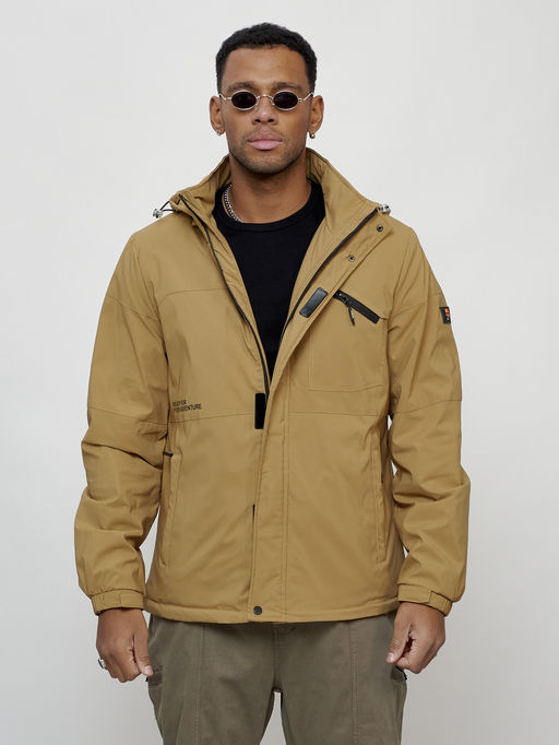 Куртка спортивная мужская весенняя с капюшоном бежевого цвета 88021B