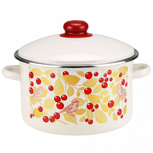 "Птички и вишня" Кастрюля эмалированная 4л, цилиндрическая форма, металлическая крышка, ободок из нержавеющей стали, бисквит (Россия)