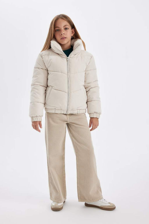 Пуховик на молнии с высоким воротником и плюшевой подкладкой для девочек - Defacto фото 2