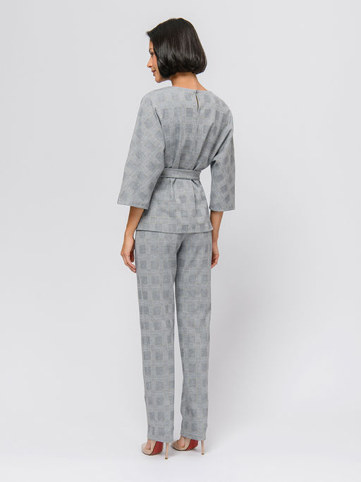 Блуза серого цвета в бежевую клетку с поясом и рукавами 3/4 - 1001dress фото 3