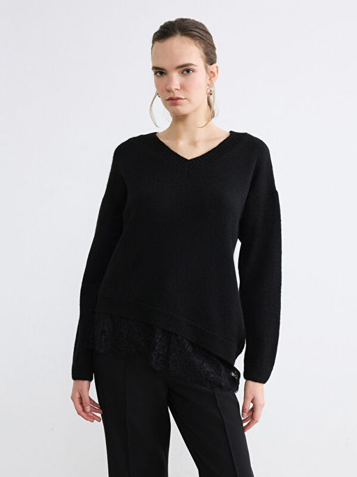 V Yaka Dantel Detayl? Kad?n Triko Kazak