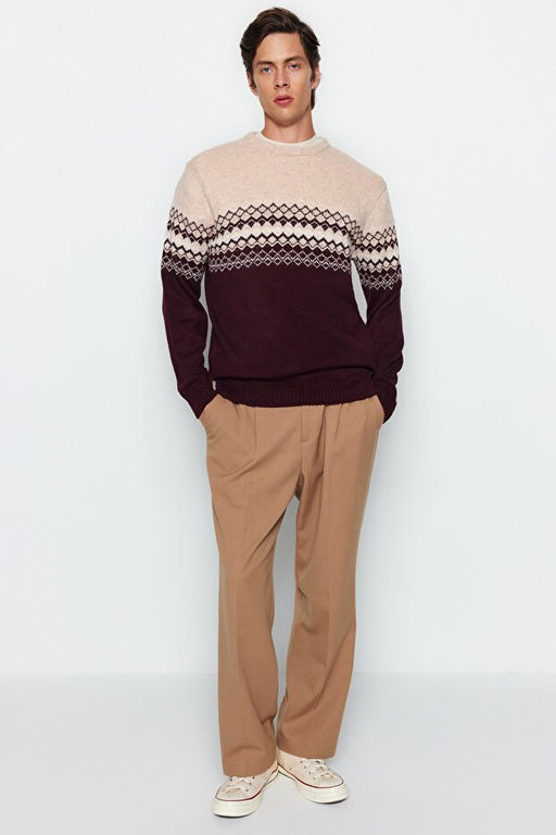 Bordo Slim Fit Y_nl_ Bisiklet Yaka Panel Jakarl_ Triko Kazak TMNAW21KZ0738 - Trendyolmilla фото 2