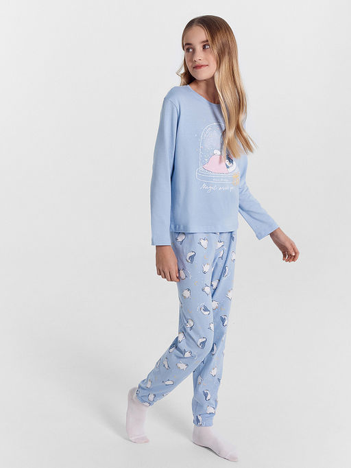 Пижама для девочек голубая с принтом пингвины