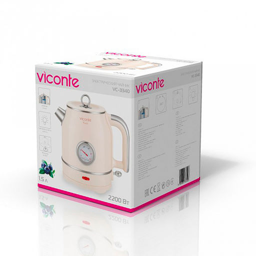 Чайник электрический "Viconte" 1,5л, 2200Вт, закрытый нагревательный элемент, корпус с двойными стенками из высококачественной нержавеющей стали и пластика, встроенный термометр, световой индикатор работы, автоматическое отключение при закипании, авт
