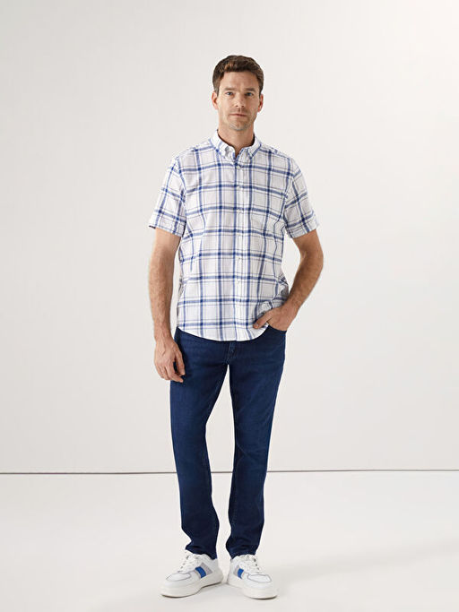 Regular Fit K?sa Kollu Ekose Poplin Erkek G?mlek