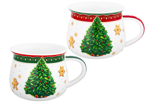 Набор 2 кружек 250 мл 11*8,5*7 см Новогодняя елка зеленый + красный узор, бочонок, NEW BONE CHINA - Elan gallery фото 6