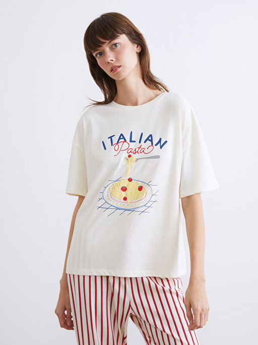 Bisiklet Yaka Bask?l? Kad?n Pijama Tak?m?