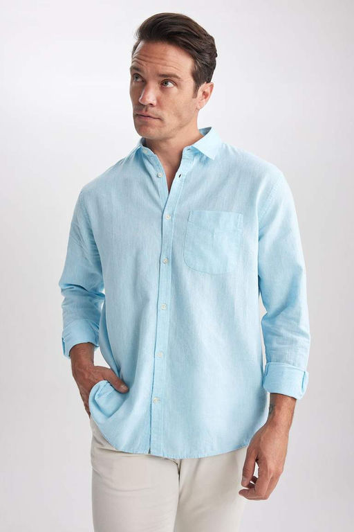 Льняная рубашка обычного кроя с воротником поло и длинными рукавами - Defacto фото 8