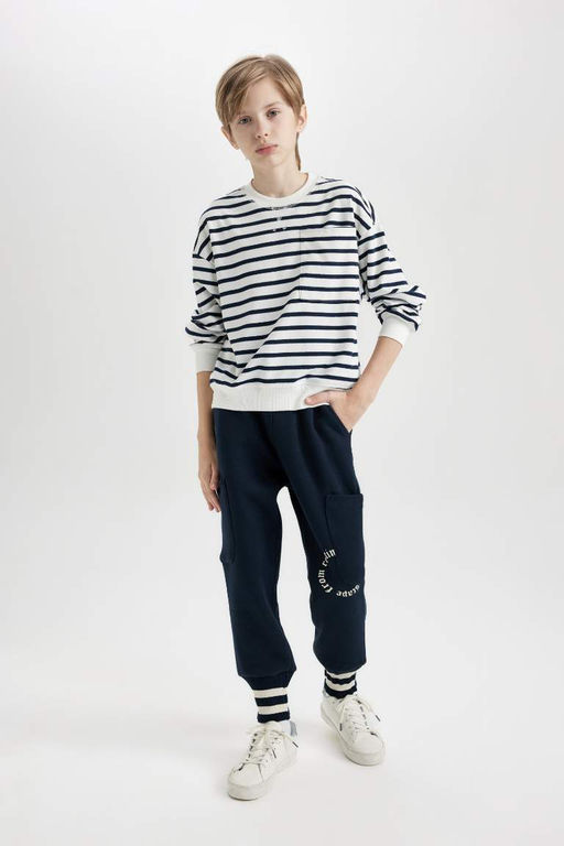 Темно-синие спортивные штаны стандартного кроя с принтом и эластичным поясом для мальчиков - Defacto фото 2