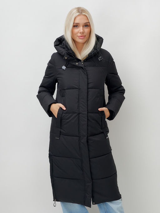 Пальто утепленное стеганное зимнее с капюшоном женское черного цвета 9608Ch - Mtforce фото 16