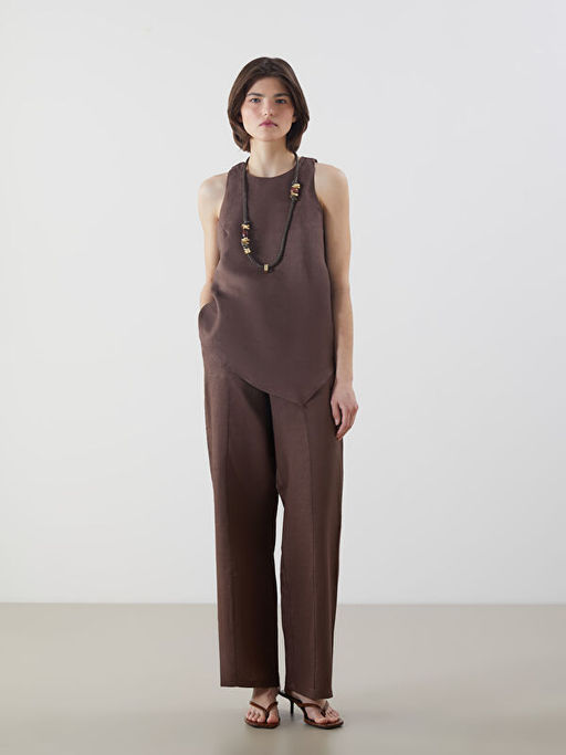 Bisiklet Yaka Keten Kar???ml? Asimetrik Kesim Bluz