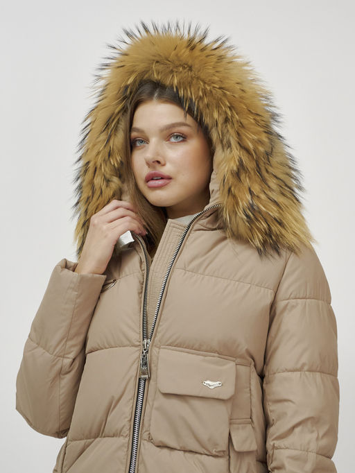 Куртка Бренд Visdeer ПРЕМИУМ КЛАССА зимняя с мехом ЕНОТА, бежевого цвета  фото 7