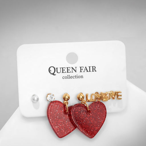 Серьги QF LOVE, набор 3 пары, сердечки, красные, золотой