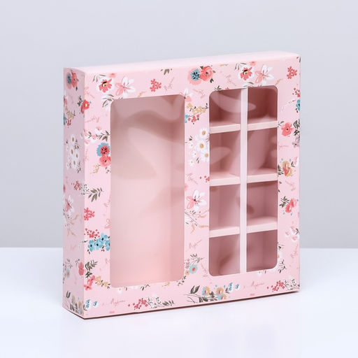 Коробка для 8 конфет шоколад, с окном, «Цветы» 17.7×17.8×3.8 см