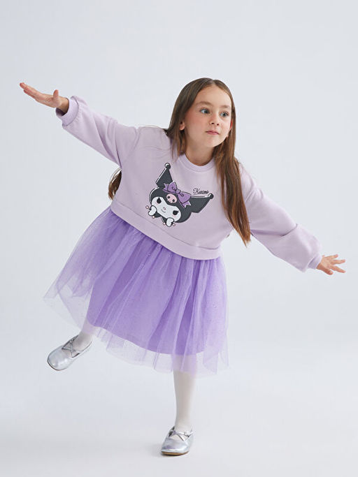 Bisiklet Yaka Kuromi Bask?l? K?z ?ocuk Elbise