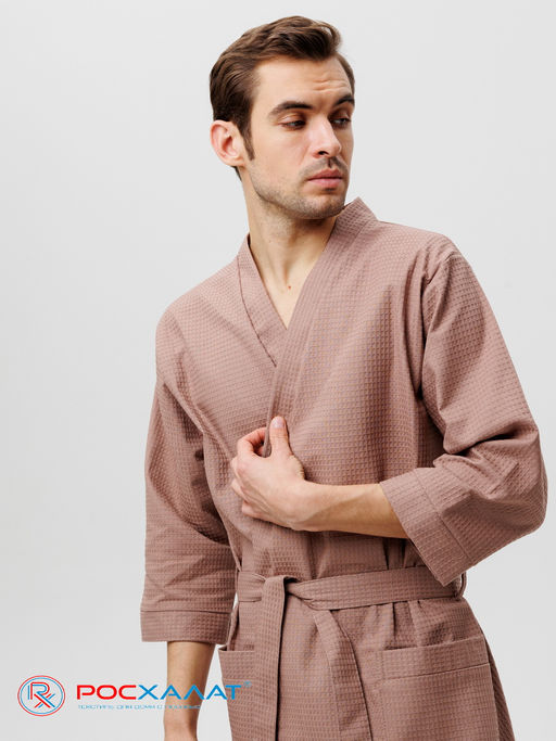 Мужской укороченный вафельный халат с планкой коричневый В-05 (21)