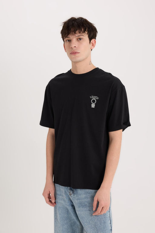 %100 Pamuk Boxy Fit Bisiklet Yaka S_rt Bask_l_ K_sa Kollu Ti__rt