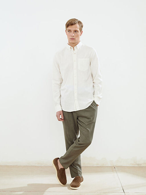 Regular Fit Uzun Kollu Keten Kar???ml? Erkek G?mlek