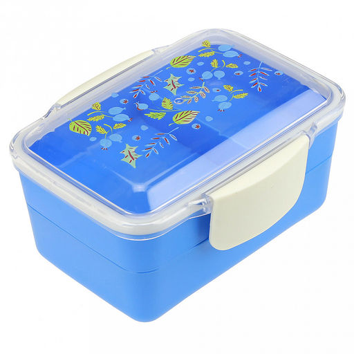 Ланч-бокс для продуктов пластмассовый Офисный обед 18,5х14,5см h10см, 2 уровня: 0,5л 17,7х11,8см h3,5см; 0,7л, 17х11,2см h5см, с ложкой 13,5см, крышка прозрачная, с клипсами, с уплотнителем, матовый пластик, цвета в ассортименте: фуксия, синий, жел