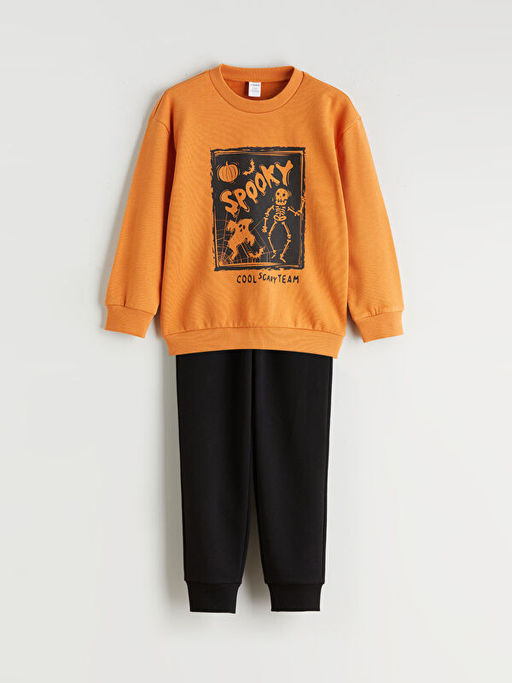 Bisiklet Yaka Bask?l? Uzun Kollu Erkek ?ocuk Sweatshirt ve Pantolon 2li Tak?m