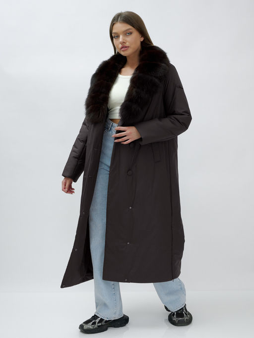 Пальто зимнее женское с мехом песец люкс класса темно-коричневого цвета 5071TK - Mtforce фото 17