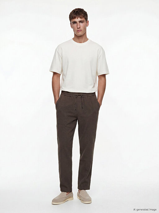 Regular Fit Keten G?r?n?ml? Erkek Pantolon
