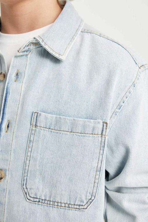 Джинсовая рубашка оверсайз с воротником поло и длинными рукавами для мальчика - Defacto фото 5