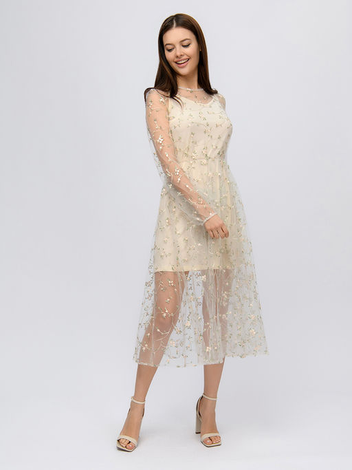 Платье бежевое длины миди с вышивкой - 1001dress фото 2