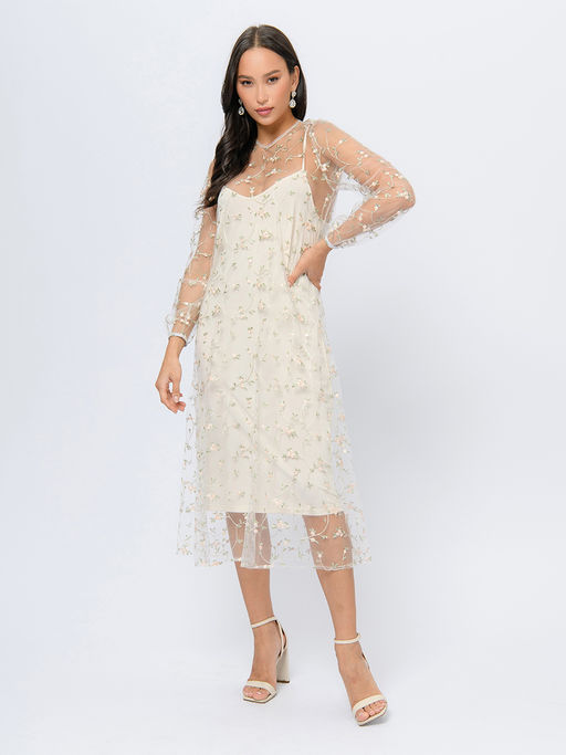 Платье бежевого цвета длины миди с цветочной вышивкой - 1001dress фото 2