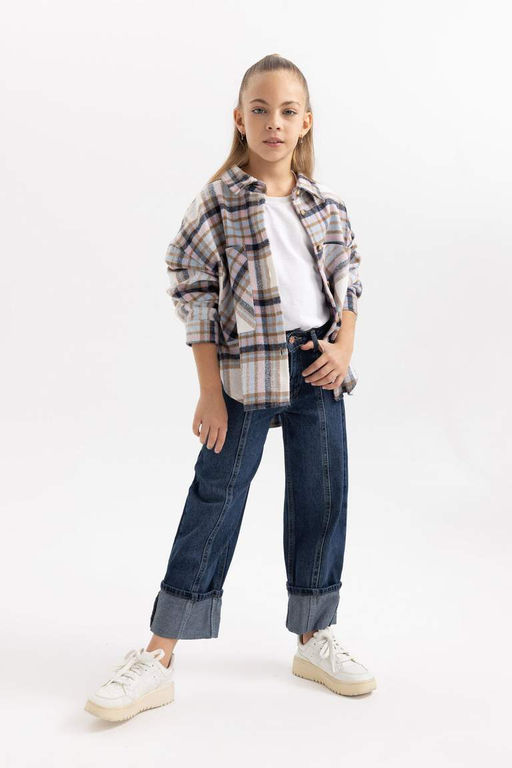 Широкие джинсовые брюки с отворотами для девочек - Defacto фото 5