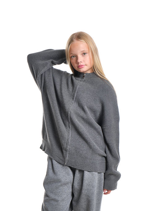 Джемпер оверсайз на молнии для девочки 33-7596 серый