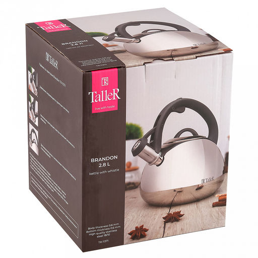 Чайник из нержавеющей стали 2,8л Brandon s0,6мм, дно д15см, s0,6мм, со свистком, зеркальная полировка снаружи, матовая внутри, пластмассовая ручка с покрытием soft-touch, TalleR (Китай) - Домашняя мода фото 6