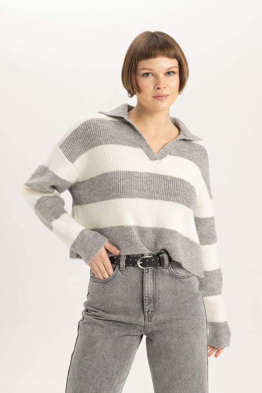 Полосатый свитер из ткани селаник с воротником-поло свободного покроя - Defacto фото 4