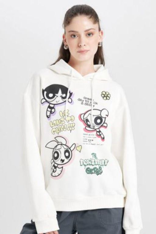 Coool PowerPuff Girls Oversize Genis Kal?p Kapusonlu Bask?l? Kal?n Sweatshirt