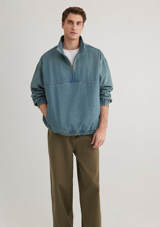 Yar? Fermuarl? Denim Sweatshirt - Mavi фото 3