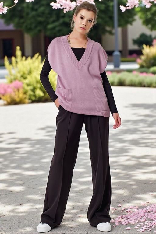 Жилет вязаный оверсайз с v-вырезом бежевый меланж - Fly фото 12