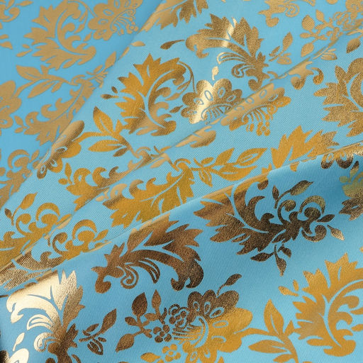 Цена за 212 шт. Ткань атлас для рукоделия и шитья, ширина 150 см, золотой узор на голубом