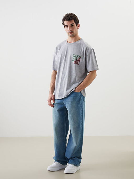 Bisiklet Yaka Bask?l? Penye Erkek Ti??rt