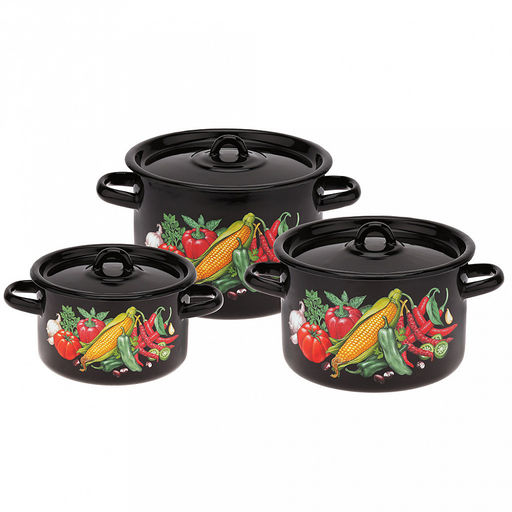 Кукуруза Набор эмалированных кастрюль 3 предмета: 1,5л, д16см, h10см, 2,9л, д20см, h13см, 4,5л, д22см, h14см, цилиндрическая форма, металлическая крышка, черный (Россия)