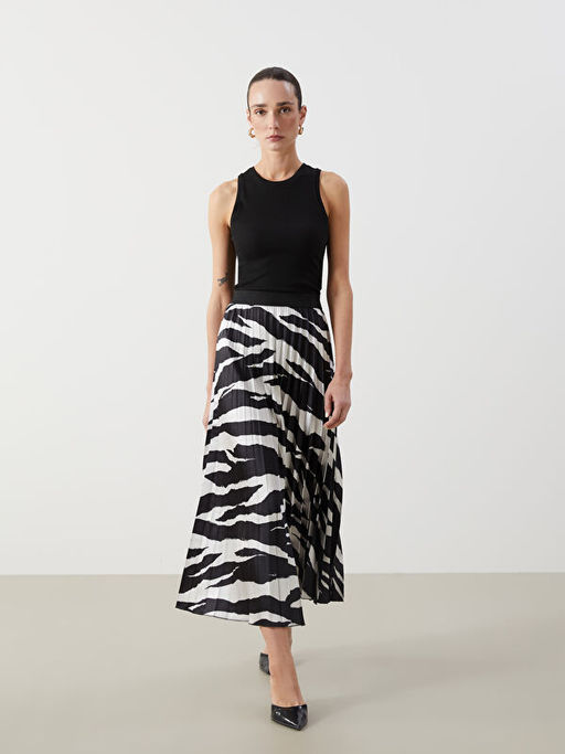 Beli Lastikli Desenli Kad?n Pileli Etek