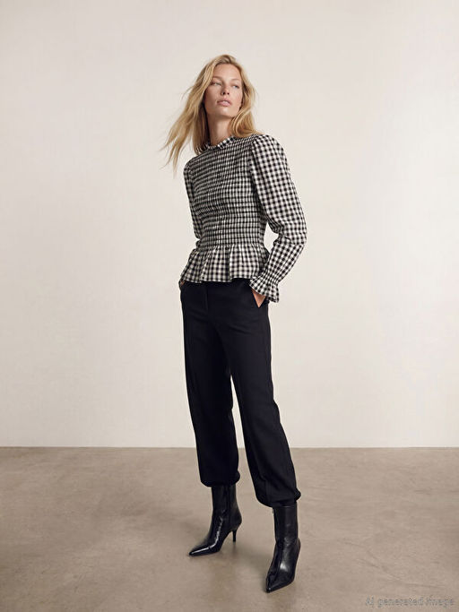 Dik Yaka Ekose Balon Kollu Gipeli Bluz