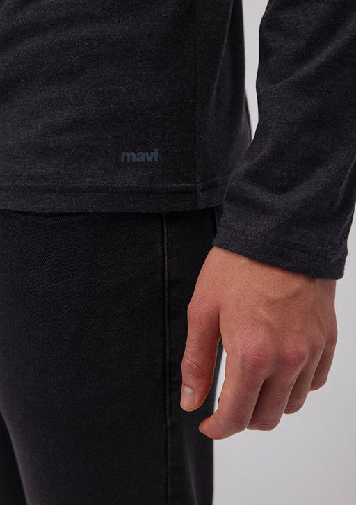 Uzun Kollu Gri Basic Tisort - Mavi фото 6