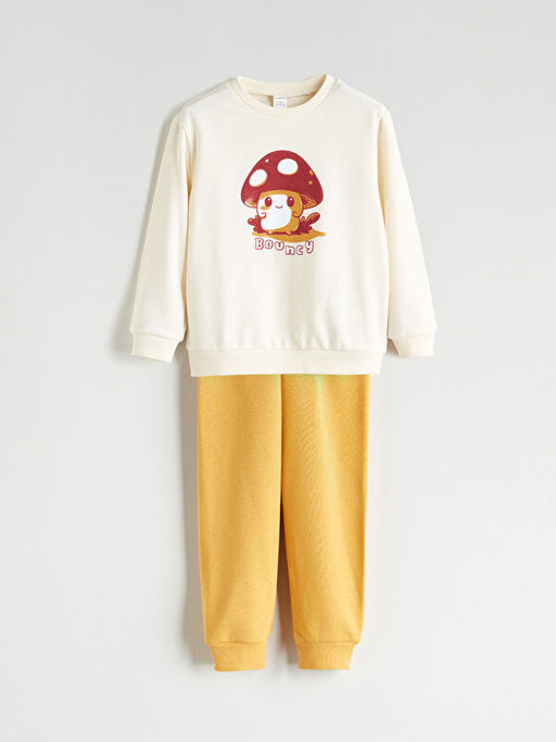 Bisiklet Yaka Bask?l? Erkek ?ocuk Sweatshirt ve E?ofman Alt 2li