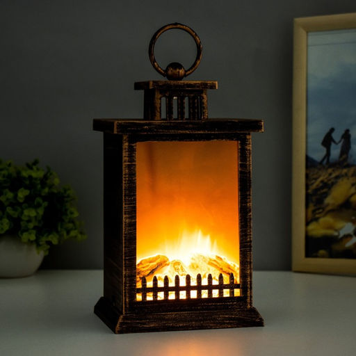 Ночник «Камин» LED от батареек 3хАА USB черный с медной патиной 12×14.5×26.5 см