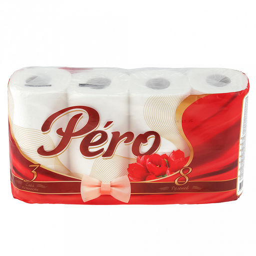 Туалетная бумага 3-х слойная "Pero Tulip", 8 рулона в упаковке, отрывной лист, белый (Россия)