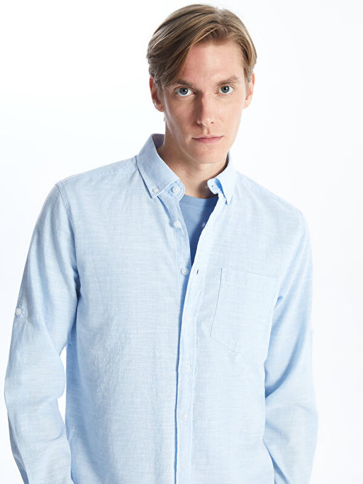 Regular Fit Uzun Kollu Keten Kar???ml? Erkek G?mlek