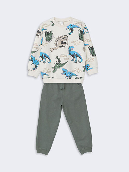Bisiklet Yaka Bask?l? Erkek ?ocuk Sweatshirt ve E?ofman Alt 2li