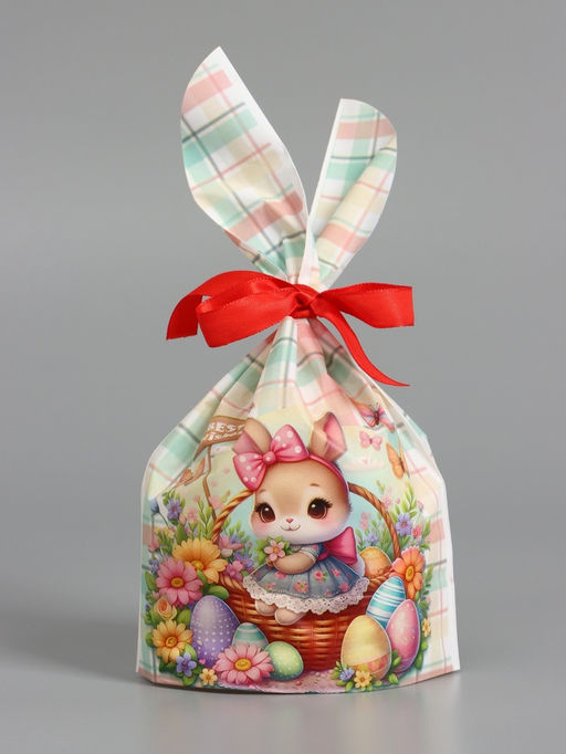 Цена за 50 шт. Пакет полиэтиленовый подарочный с ушками "Зайчик и корзина", 13 х 23±1 см